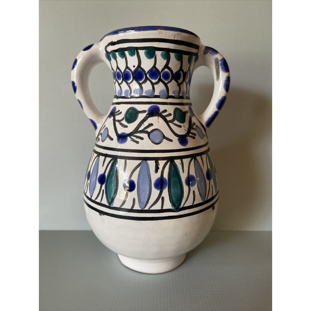 Vintage Art Pottery Vase Two Handle Hand Painted Blue Green White Botanical Tile